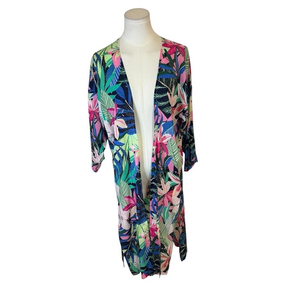 LOFT Kimono Flowy Top Long Shirt Cruise Vacation Size XS S Tropical Floral - Picture 1 of 6